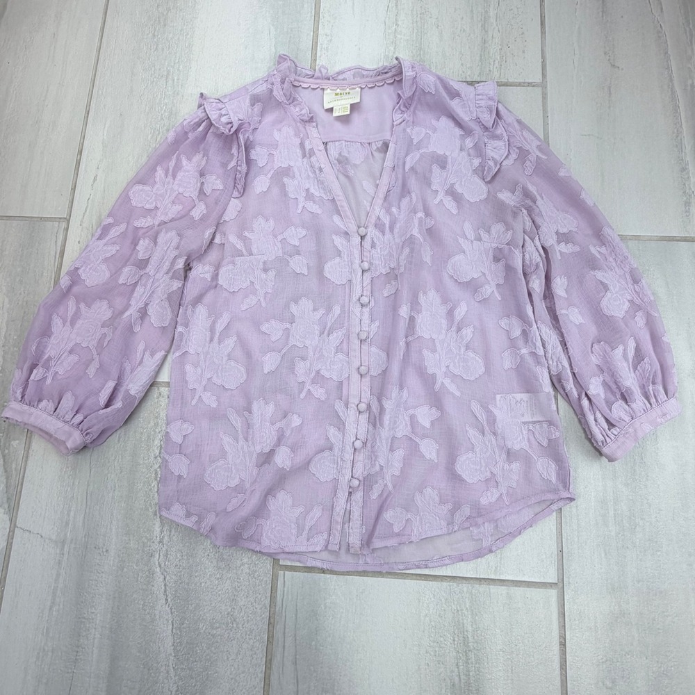 Maeve Anthropologie Lavender Floral Burnout Ruffle V Neck Blouse 2
